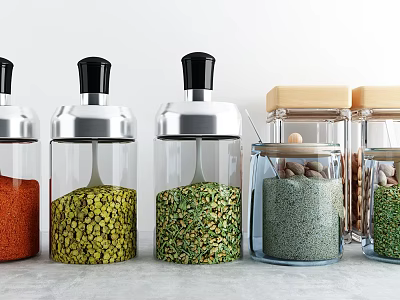Transparent Glass Kitchen Jars with Black Silver Wooden Lids Various Ingredients Neatly on Gray Countertop 3d model