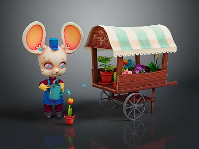 Cute Mouse Character Watering Flower Pot By Striped Awning Flower Cart 3d model