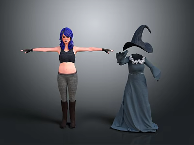 3D Character Models Featuring Blue Haired Woman With Arms Outstretched And Wizard In Dark Robe 3d model