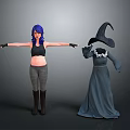 3D Character Models Featuring Blue Haired Woman With Arms Outstretched And Wizard In Dark Robe