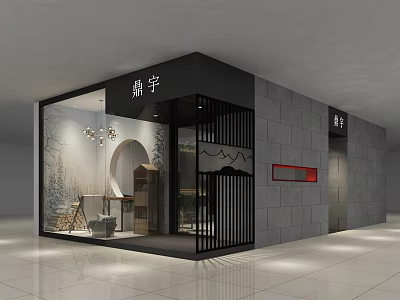 Modern Shopping Mall Store With Glass Window Black Frame Gray Stone Wall And Display Items 3d model