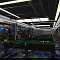 Modern Billiard Room Interior With Multiple Green Felt Tables And Lighting 3d model