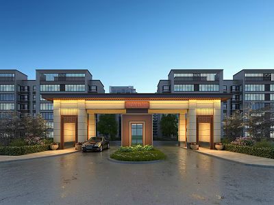 Modern Residential Entrance Gate With Illuminated Canopy Driveway And Landscaped Greenery 3d model