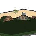Grass Covered Roof Wooden House With Wooden Doors Windows And Brick Chimney On Green Lawn
