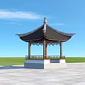 Traditional Pergola With Black Tiled Roof And Wooden Structure On Square Base Green Lawn