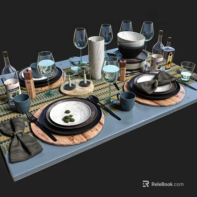 Elegant Dinnerware Set with Plates Bowls Wine Glasses Napkins Wooden Coasters and Condiment Bottles 3d model 