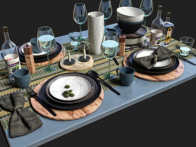 Elegant Dinnerware Set with Plates Bowls Wine Glasses Napkins Wooden Coasters and Condiment Bottles 3d model