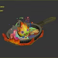 Everyday Frying Pan With Flames Cooking Tasty Meat Slices And Noodles