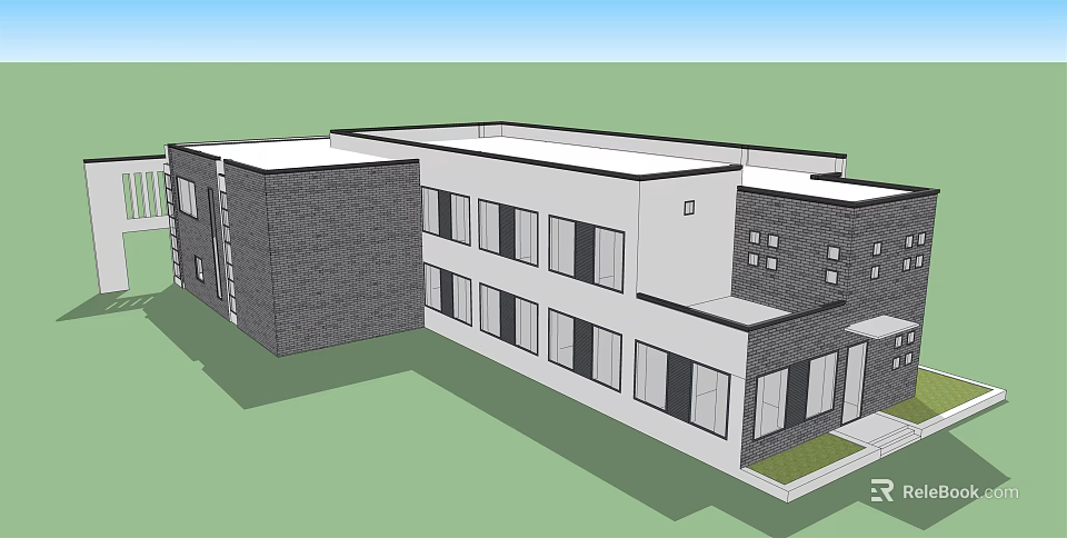 Modern Building Exterior With Gray White Walls Flat Roof Multiple Windows And Lawn Area 3d model 