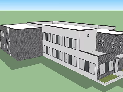 Modern Building Exterior With Gray White Walls Flat Roof Multiple Windows And Lawn Area 3d model