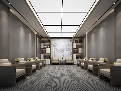 Modern Hotel Public Lounge Featuring Gray Walls Wooden Shelves Comfortable Sofas Green Plants Striped Carpet 3d model