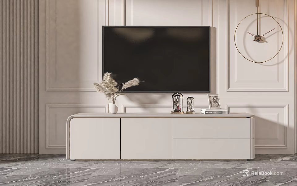 White Modern TV Stand with Dried Flower Vase Photo Frame and Books Against Minimalist Wall 3d model 