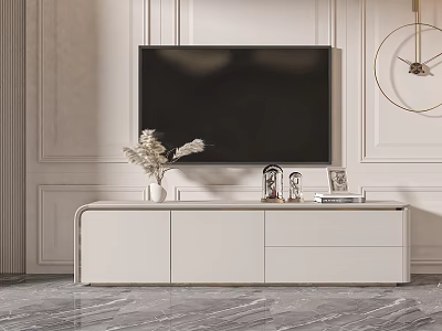 White Modern TV Stand with Dried Flower Vase Photo Frame and Books Against Minimalist Wall 3d model