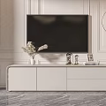 White Modern TV Stand with Dried Flower Vase Photo Frame and Books Against Minimalist Wall