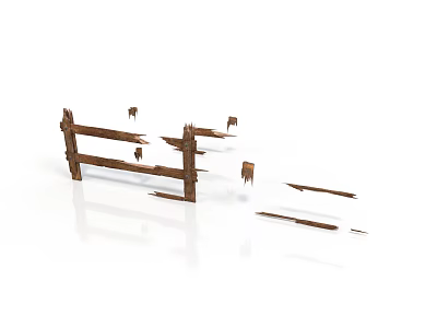 Rustic Broken Wooden Fence With Splintered Planks And Weathered Posts 3d model