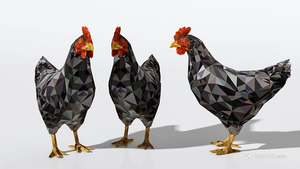 Low Poly Style Chickens With Black Feathers Red Combs Golden Claws On White Background 3d model 