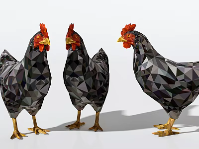 Low Poly Style Chickens With Black Feathers Red Combs Golden Claws On White Background 3d model