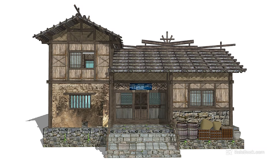 Traditional Rural Self Built House With Wooden Structure Tile Roof And Stone Base 3d model 