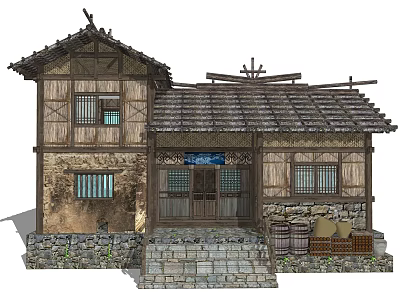 Traditional Rural Self Built House With Wooden Structure Tile Roof And Stone Base 3d model
