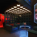 Vintage Bar Interior With Blue Counter Red Sofas Green Brick Walls And Chandeliers