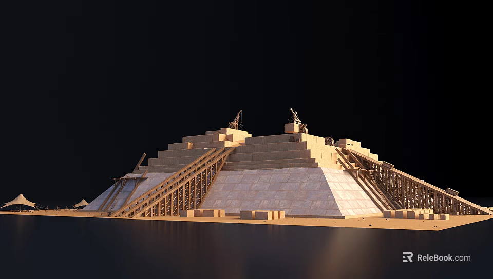 Stepped Pyramid Structure With Stone Blocks Wooden Supports And Statues On Top 3d model 
