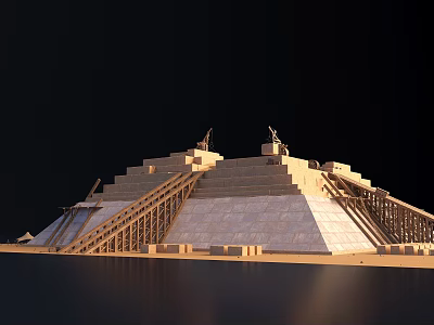Stepped Pyramid Structure With Stone Blocks Wooden Supports And Statues On Top 3d model