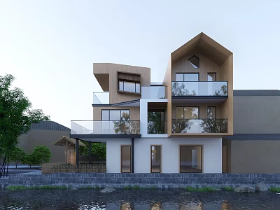 Modern Detached Villa Wooden White Exterior Multi Story Design With Balconies Trees And Waterfront 3d model
