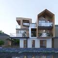 Modern Detached Villa Wooden White Exterior Multi Story Design With Balconies Trees And Waterfront