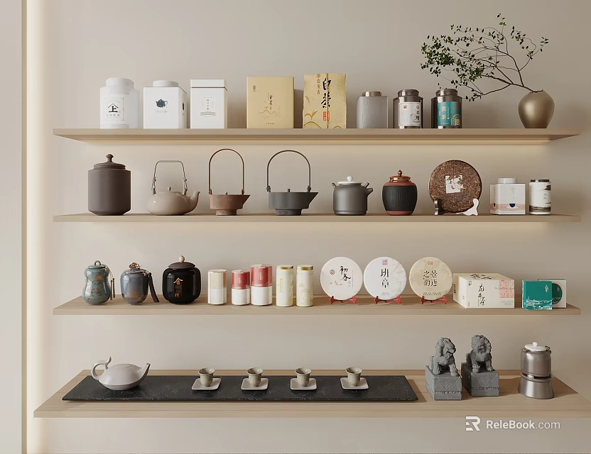 Elegant Tea Sets Display on Shelves with Teapots Jars Cups Tea Plates and Small Plant 3d model 