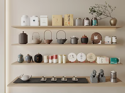 Elegant Tea Sets Display on Shelves with Teapots Jars Cups Tea Plates and Small Plant 3d model