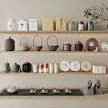 Elegant Tea Sets Display on Shelves with Teapots Jars Cups Tea Plates and Small Plant