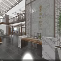 Chinese Style Spacious Hall Interior With Wooden Columns Hanging Lanterns And Floor Tiles