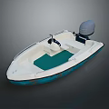 Small Recreational Motorboat With Outboard Motor White Hull Blue Trim And Green Deck Mat