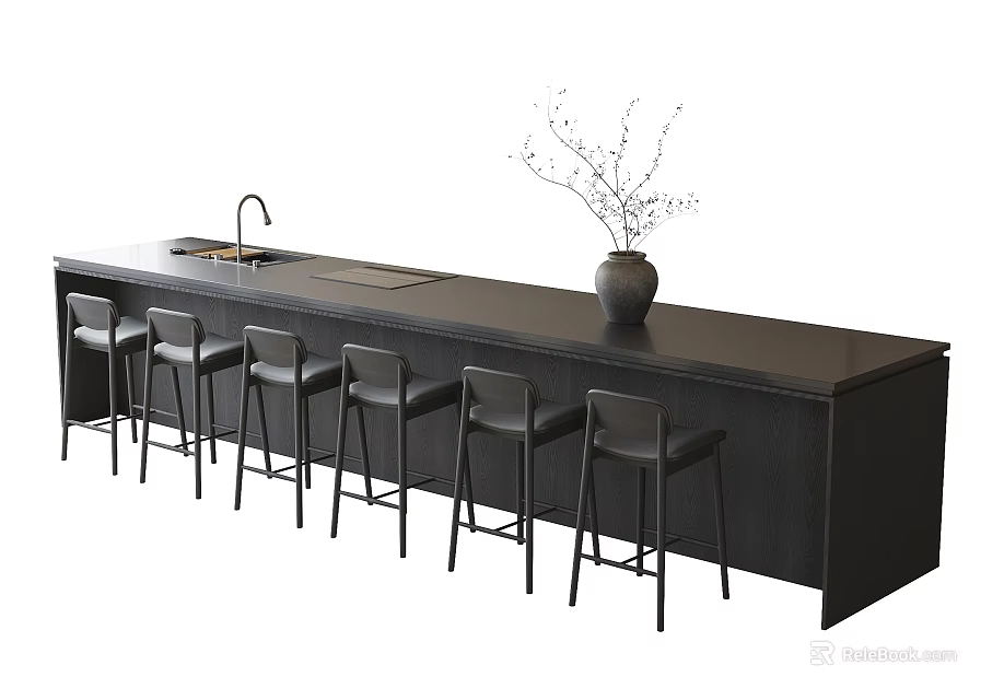 Stylish Black Kitchen Bar Counter With Faucet Sink Stools And Decorative Vase 3d model 
