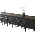 Stylish Black Kitchen Bar Counter With Faucet Sink Stools And Decorative Vase