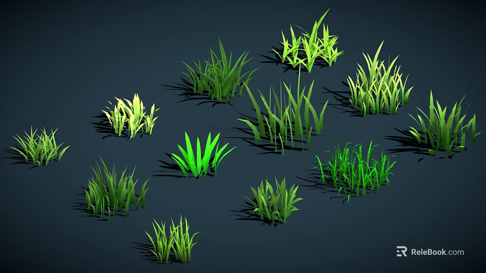 Green Grass Plants in Various Forms with Dark Background and Shadows 3d model 