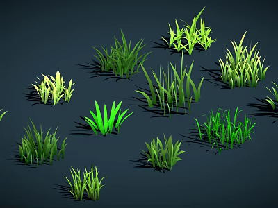 Green Grass Plants in Various Forms with Dark Background and Shadows 3d model
