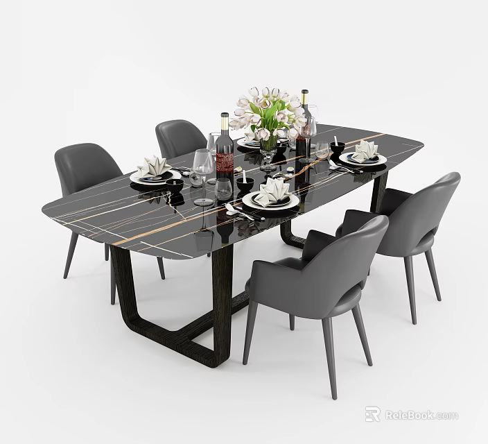 Modern Dining Table Set with Black Tabletop Golden Lines Gray Chairs Tableware and Flower Vase 3d model 