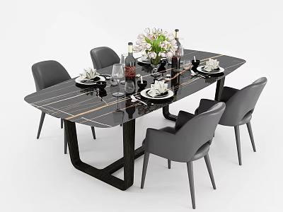 Modern Dining Table Set with Black Tabletop Golden Lines Gray Chairs Tableware and Flower Vase 3d model