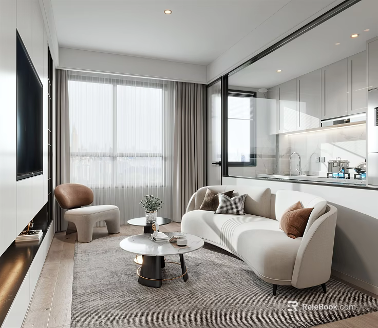 Modern Apartment Living Room With White Sofa Round Coffee Table TV And Window Curtains 3d model 