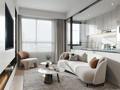 Modern Apartment Living Room With White Sofa Round Coffee Table TV And Window Curtains 3d model
