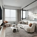 Modern Apartment Living Room With White Sofa Round Coffee Table TV And Window Curtains