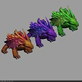 Colorful Spiked Creatures 3D Models Featuring Red Purple Green with Sharp Teeth