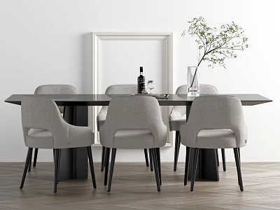 Modern Dining Table with Gray Chairs Vase Plant Wine Glasses Framed Art White Wall Wooden Floor 3d model