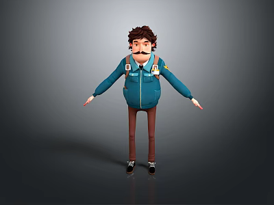 Cartoon Male Character With Brown Curly Hair Mustache Blue Jacket And Outstretched Arms Pose 3d model
