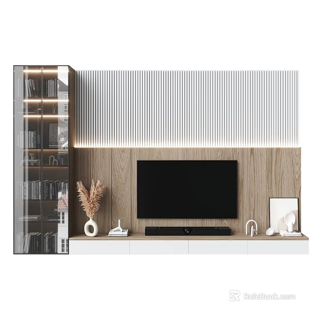 Modern TV Wall with Striped Panel Wooden Base Glass Display Cabinet and White TV Stand 3d model 