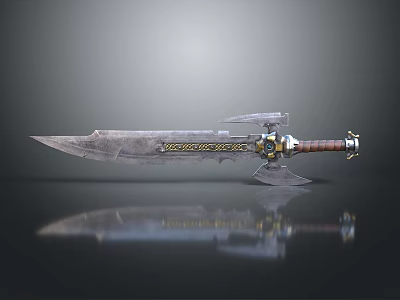 Ornate Greatsword Featuring Worn Blade Golden Patterns Brown Leather Hilt And Metal Accents 3d model