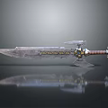 Ornate Greatsword Featuring Worn Blade Golden Patterns Brown Leather Hilt And Metal Accents