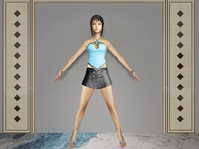 Game Movie Female Character In Blue Top And Black Skirt With Diamond Patterned Door Frame 3d model