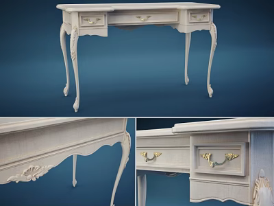 Elegant White Carved Desk With Drawers Gold Handles And Ornate Legs 3d model